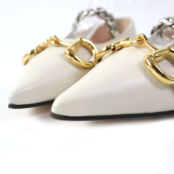 Gucci 621161 Leather Horsebit Pointed Toe Flat Pumps With Chain Ivory Gold And - Picture 7 of 14